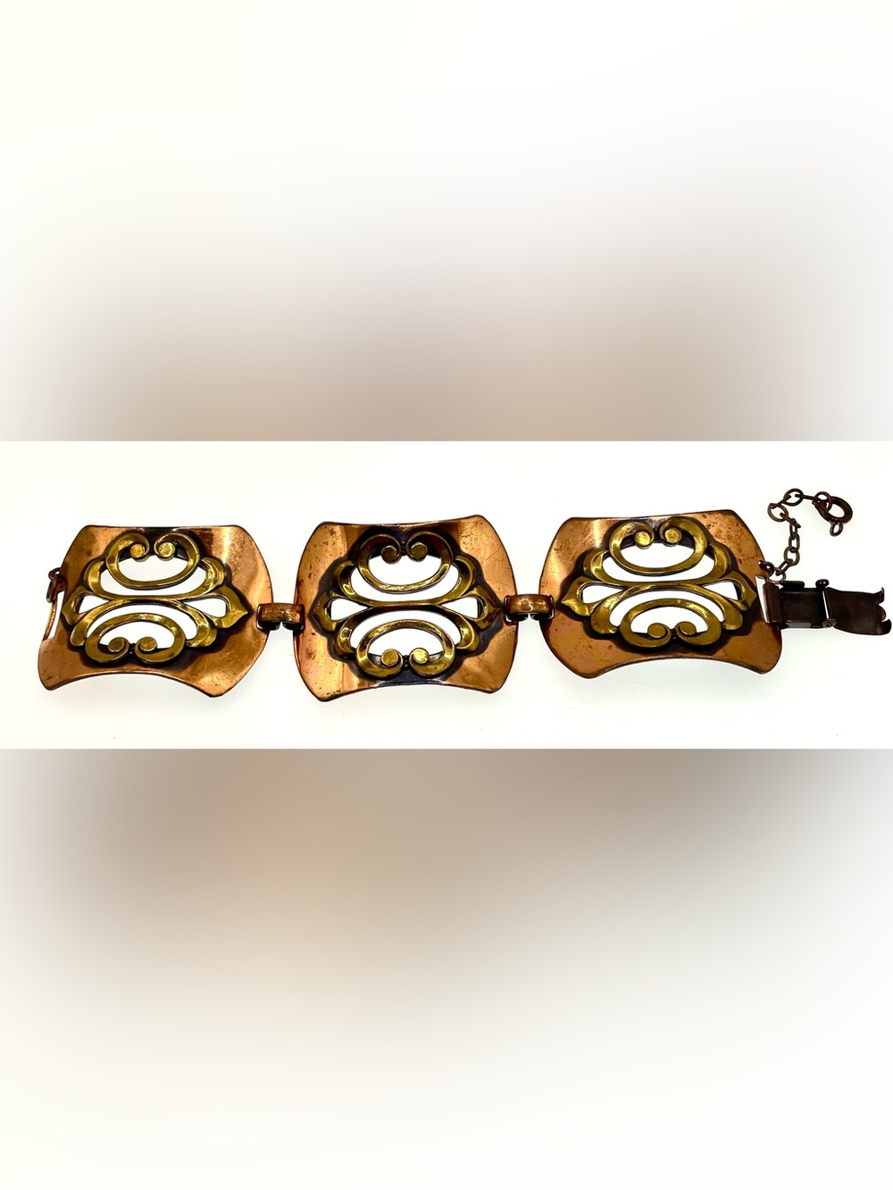 Vintage 1950s Copper Bracelet Sculptural Scrollwork 3 Panel Statement
